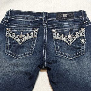 Miss Me Faux Flap Slim Bootcut Jeans with slight destruction on belt loops